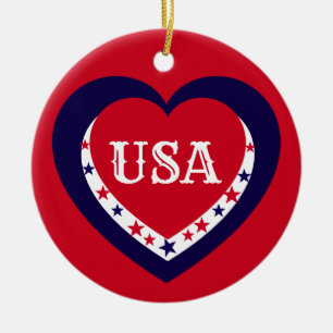 VS Patriottisch Rood Wit Blauw Hart Kerstmis Keramisch Ornament