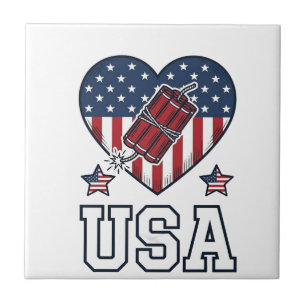 VS Patriottische Vuurwerk Hart Vintage Vector T-Sh Tegeltje