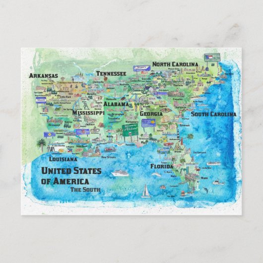 VS Southern States Travel Map Louisiana Briefkaart (Voorkant)