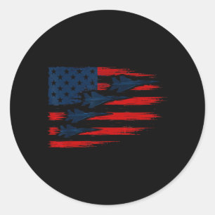 VS-vlag met gevechtsvliegtuigen Patriottische Luch Ronde Sticker