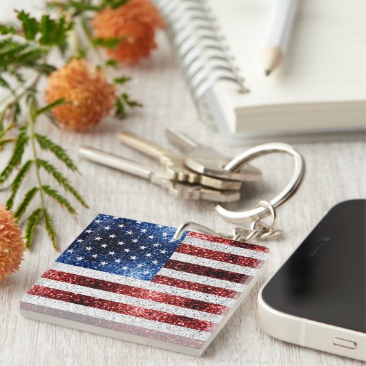 VS-vlag rood wit blauw glinstert glitters Sleutelhanger (Voorkant Rechts)