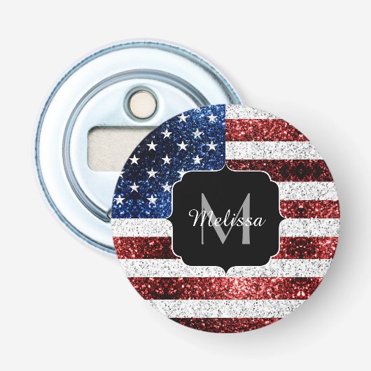 VS-vlag rood wit blauw glitters glanst Monogram Button Flesopener (Voorkant)