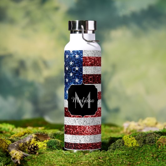VS-vlag rood wit blauw glitters glinstert Monogram Waterfles (Buiten (Gedraaid)  )