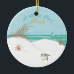 Vt. Walton Beach (Florida) Keramisch Ornament<br><div class="desc">Dit ontwerp bevat een van de mooiste stranden van Florida aan de Golfkust! Een dolfijn springt over golven op de achtergrond en een zaadvogel laat voetafdrukken in het witte zand. Dit ontwerp kan worden aangepast of gepersonaliseerd.</div>