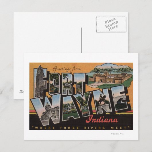 Vt. Wayne, Indiana - Grote Letter-scènes Briefkaart (Voorkant / Achterkant)