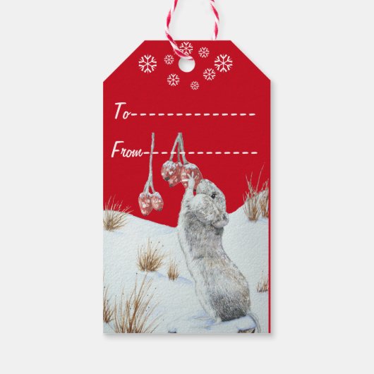 Vuildieren die met muizen bessen op sneeuwscène cadeaulabel (Achterkant)