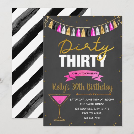 Vuile dertig roze feestuitnodiging kaart (Voorkant / Achterkant)