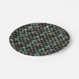 Vuile schaken en krassen, blauw en geel papieren bordje