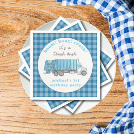 Vuilnis Afvalwagen Blauwe Gingham 1e Verjaardag Servet