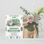 Vuilniswagen 1e verjaardag partij foto kaart (Staand voorkant)