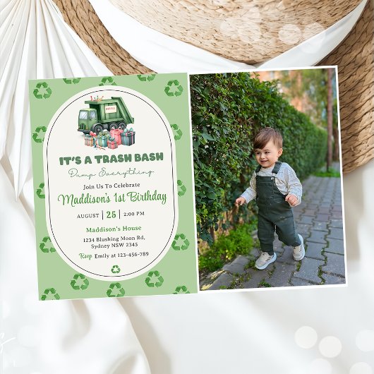 Vuilniswagen 1e verjaardag partij foto kaart