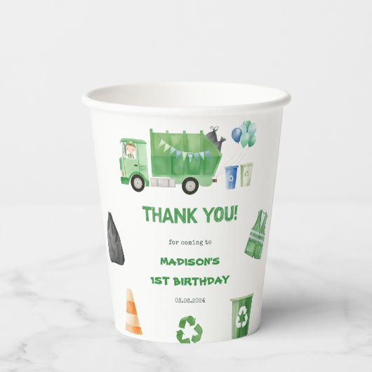Vuilniswagen 1e verjaardag partij papier kopjes papieren bekers (Achterkant)