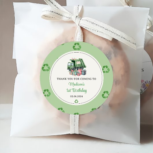 Vuilniswagen 1e verjaardagsfeest bedankjes labels