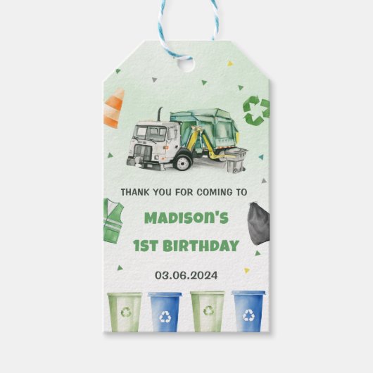 Vuilniswagen 1e verjaardagsfeest cadeaulabel (Voorkant)