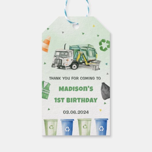 Vuilniswagen 1e verjaardagsfeest cadeaulabel (Achterkant)