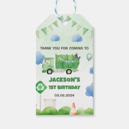 Vuilniswagen 1e verjaardagsfeest cadeaulabel (Voorkant)