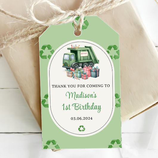 Vuilniswagen 1e verjaardagsfeest cadeaulabel