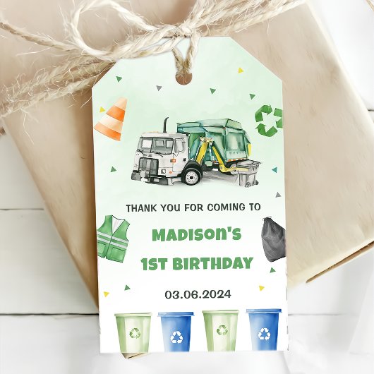 Vuilniswagen 1e verjaardagsfeest cadeaulabel
