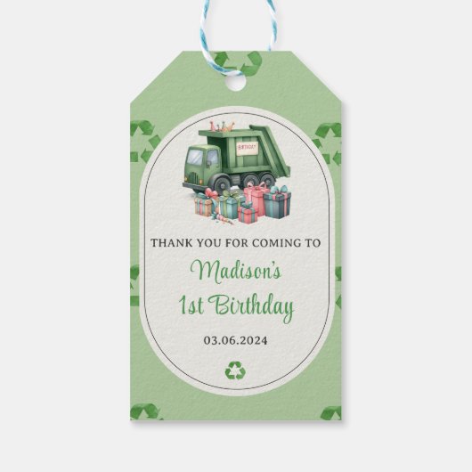 Vuilniswagen 1e verjaardagsfeest cadeaulabel (Achterkant)