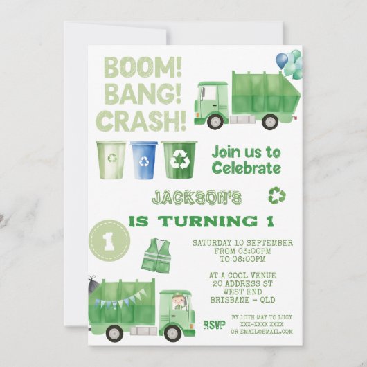 Vuilniswagen 1e verjaardagsfeest kaart (Voorkant)