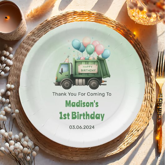 Vuilniswagen 1e verjaardagsfeest papieren bordje