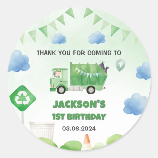 Vuilniswagen 1e verjaardagsfeest ronde sticker (Voorkant)