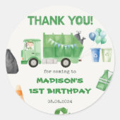 Vuilniswagen 1e verjaardagsfeest ronde sticker (Voorkant)