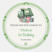 Vuilniswagen 1e verjaardagsfeest ronde sticker (Voorkant)