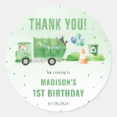 Vuilniswagen 1e verjaardagsfeest ronde sticker (Voorkant)