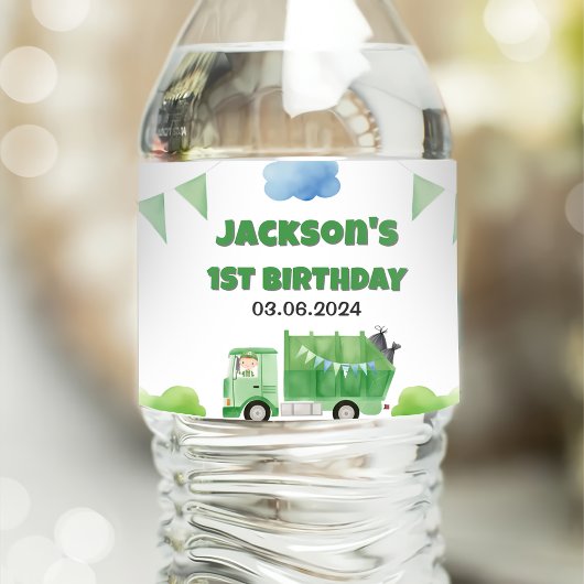 Vuilniswagen 1e verjaardagsfeest waterfles etiket