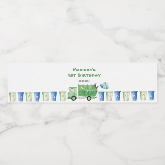 Vuilniswagen 1e verjaardagsfeest waterfles etiket (Enkel label)