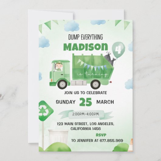 Vuilniswagen 4e verjaardagsfeest kaart (Voorkant)