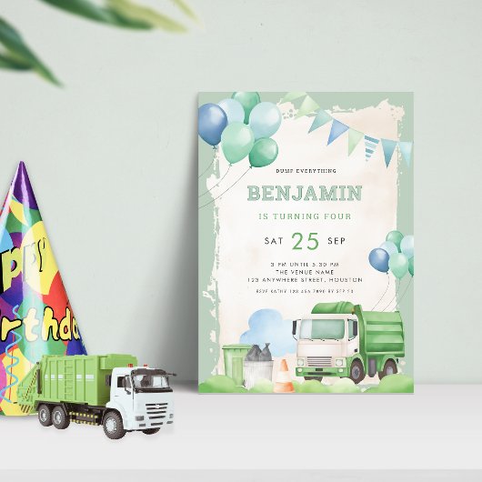 Vuilniswagen 4e verjaardagsfeest Sage Green Kaart