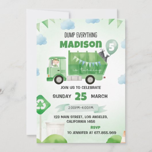 Vuilniswagen 5e verjaardagsfeest kaart (Voorkant)