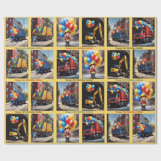Vuilniswagen Backhoe Jongens Naam Verjaardagsballo Cadeaupapier (Vlak)