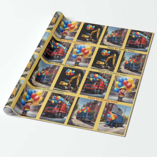 Vuilniswagen Backhoe Jongens Naam Verjaardagsballo Cadeaupapier (Uitgerold)