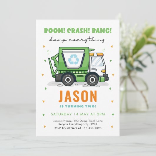 Vuilniswagen Verjaardag Uitnodiging Vuilnisfeest (Staand voorkant)