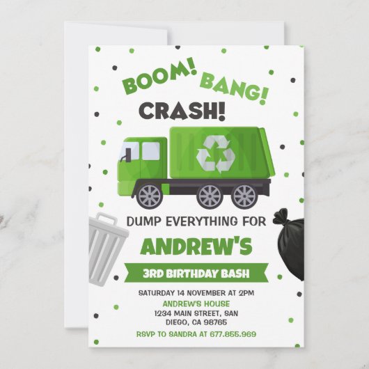 Vuilniswagen Verjaardag Uitnodiging Vuilnisfeest (Voorkant)