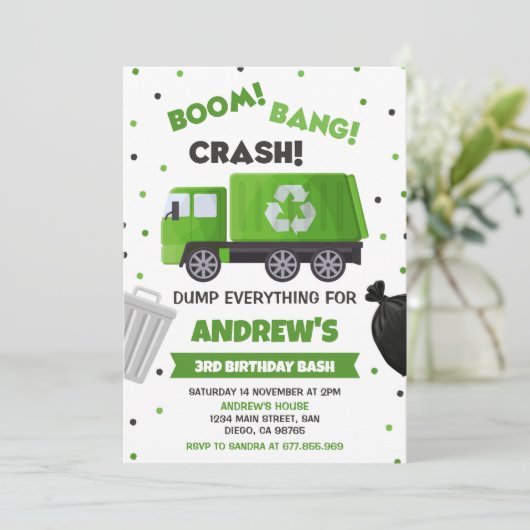 Vuilniswagen Verjaardag Uitnodiging Vuilnisfeest (Staand voorkant)