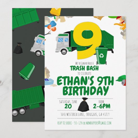Vuilniswagen Verjaardag, Vuilniswagen 9e Verjaarda Kaart (Voorkant / Achterkant)