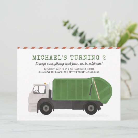 Vuilniswagen verjaardagsuitnodiging kaart (Staand voorkant)