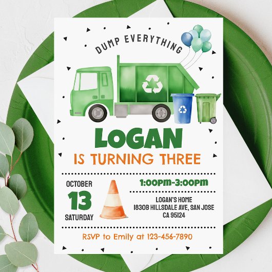 Vuilniswagen verjaardagsuitnodiging kaart