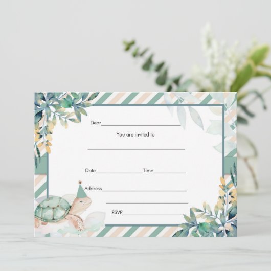 Vul blanco schildpad uitnodiging goud en groen (Staand voorkant)