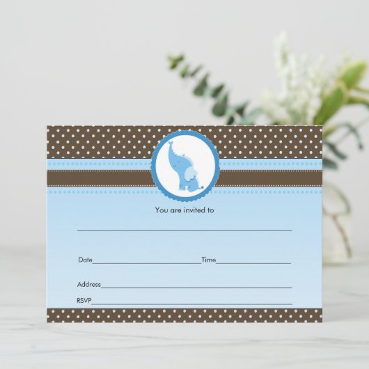 Vul blanco uitnodiging olifant blauw bruin (Staand voorkant)