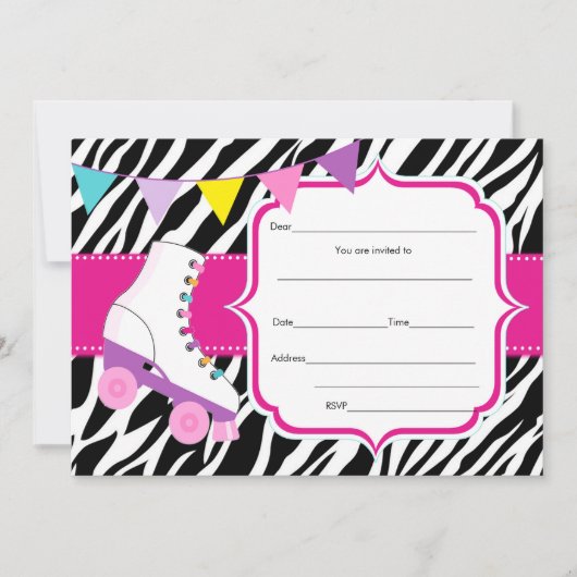 Vul blanks invitatie rolschaatsen zebra in kaart (Voorkant)