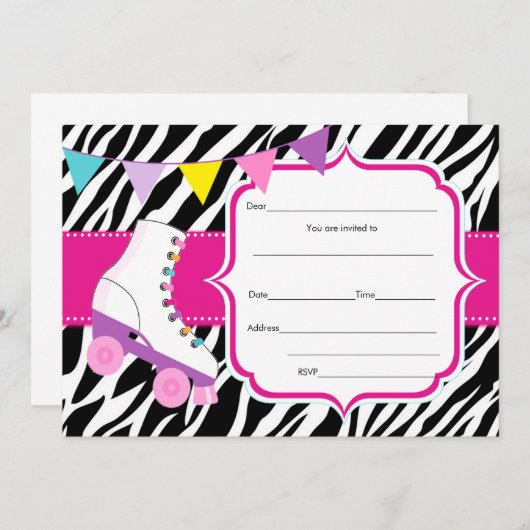 Vul blanks invitatie rolschaatsen zebra in kaart (Voorkant / Achterkant)
