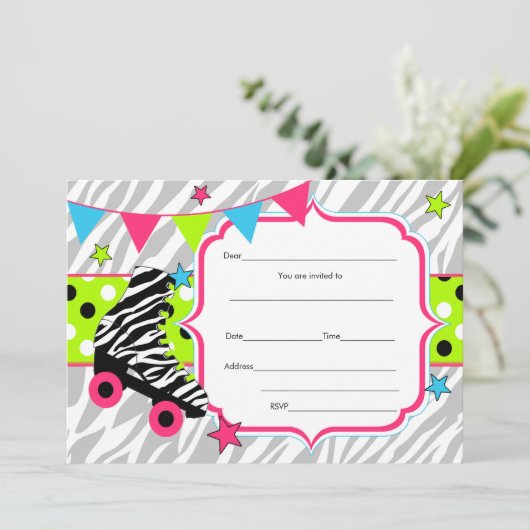 Vul blanks uitnodiging rolschaatsen neon in (Staand voorkant)