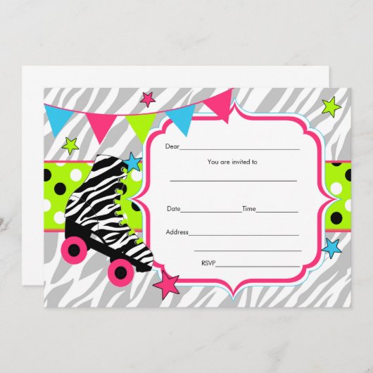 Vul blanks uitnodiging rolschaatsen neon in (Voorkant / Achterkant)