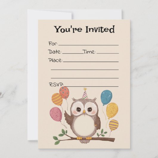 Vul de blanco uil verjaardagsuitnodiging in kaart (Voorkant)