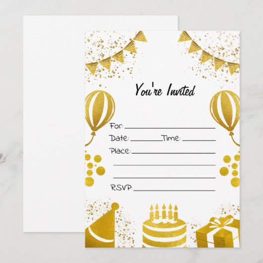 Vul de blanco verjaardag goudfolie uitnodiging in (Voorkant / Achterkant)